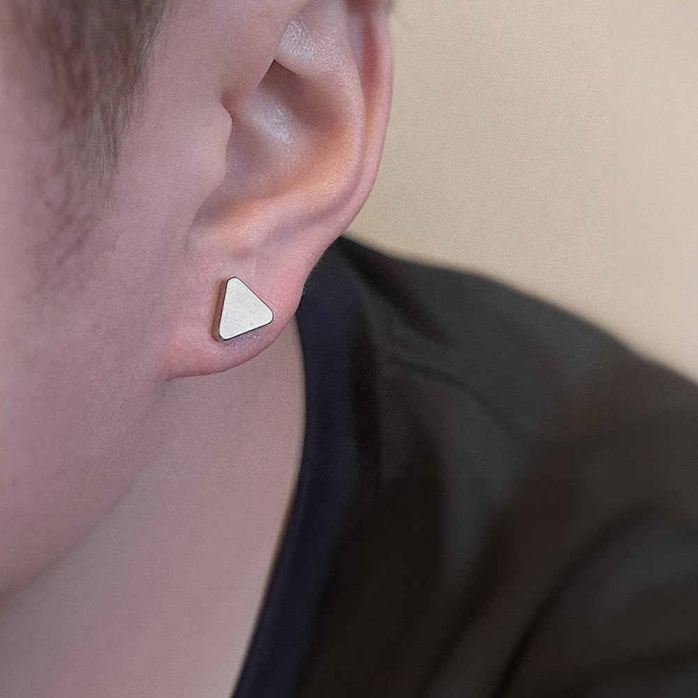mens silver triangle magnetic earrings made of stainless steel are ideal for a modern and edgy look without piercing