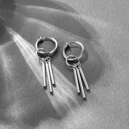 Showcase of Triple Rod Tassel Clip On Earrings with titanium steel rods.