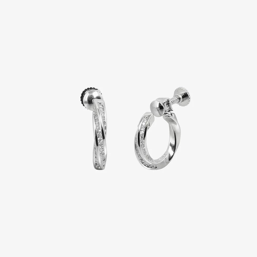 Twisted white gold clip-on hoop screw back earrings with zircon stones