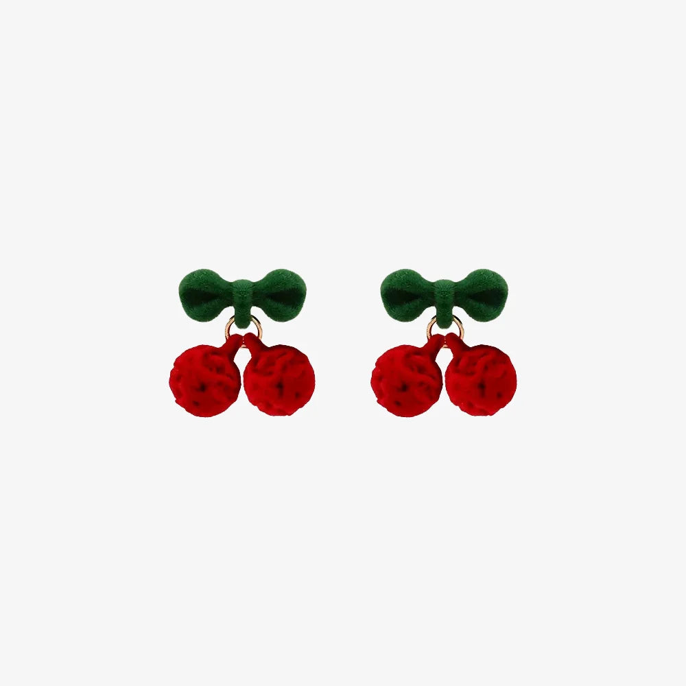 Velvet Cherry Clip-On Earrings with Soft Flocking Texture