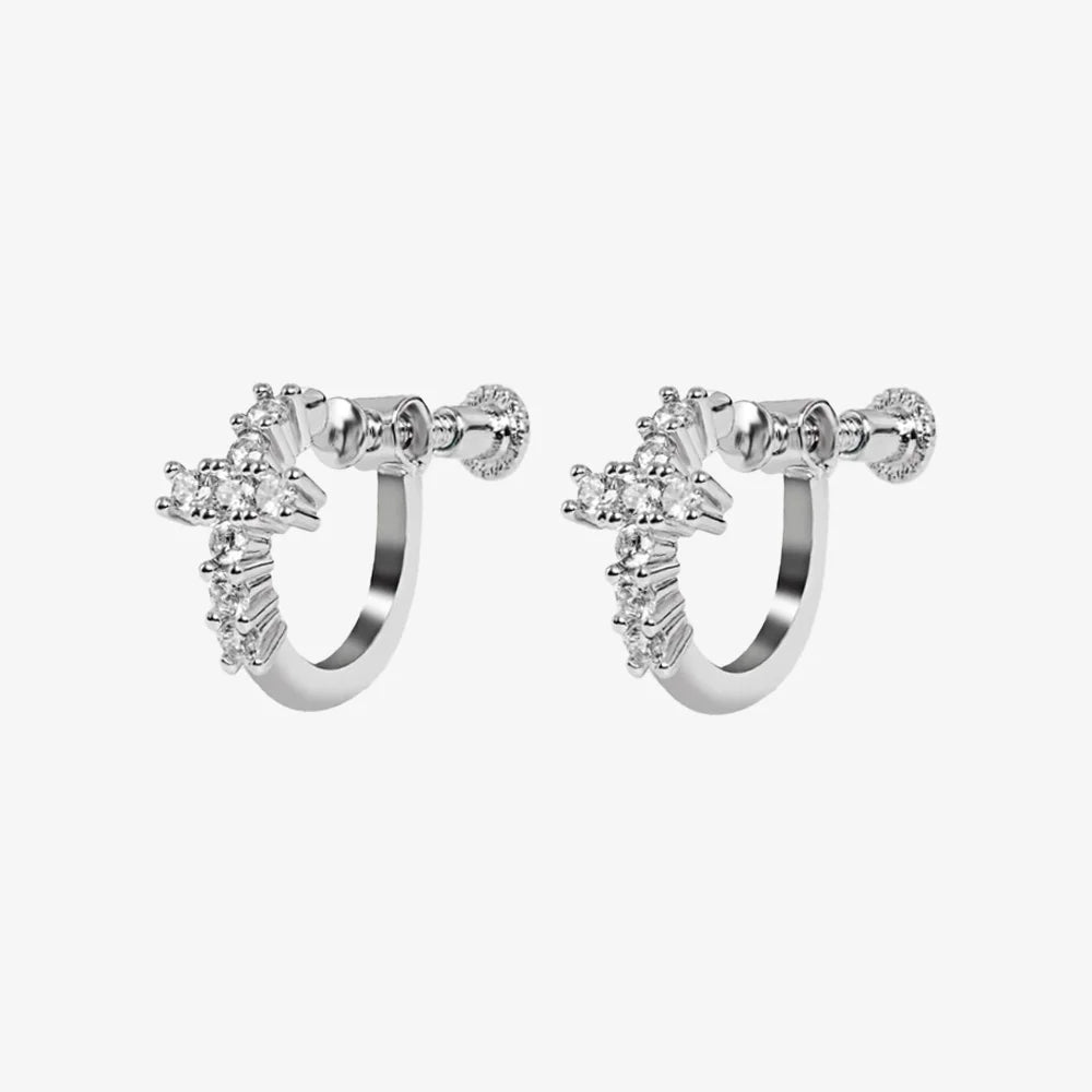 Silver Zircon Cross Screw Back Hoop Clip-On Earrings