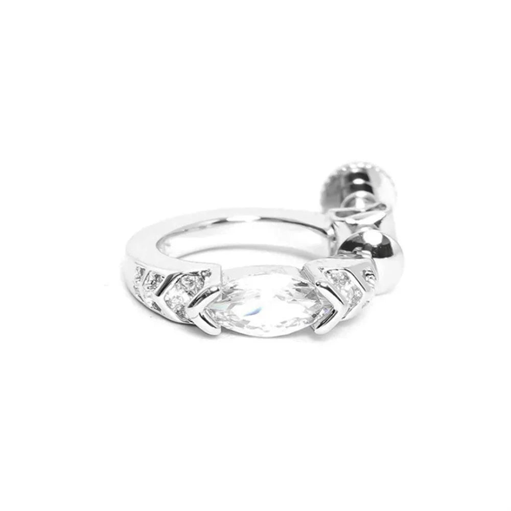 Close-up of White Zircon Silver Clip-On Screw Back Hoop Earring in titanium steel.