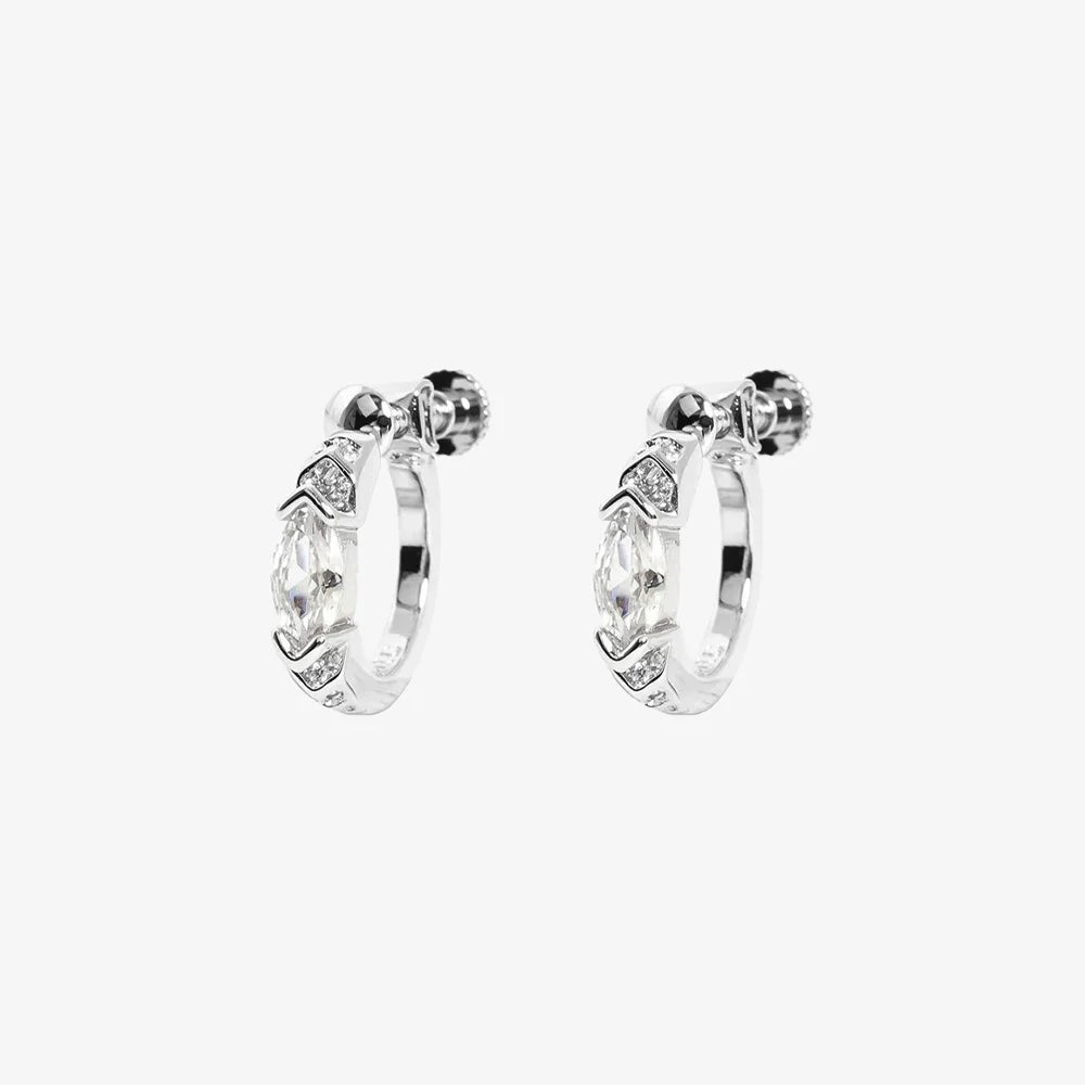 Pair of White Zircon Silver Clip-On Hoop Earrings with Screw Back Closure displayed on a white background.