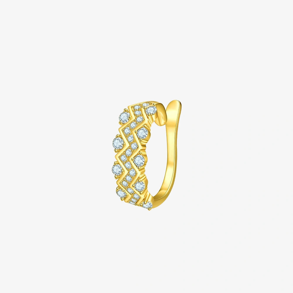 A wide, statement gold ear cuff with a double-row pave chevron pattern, shown on a white background.