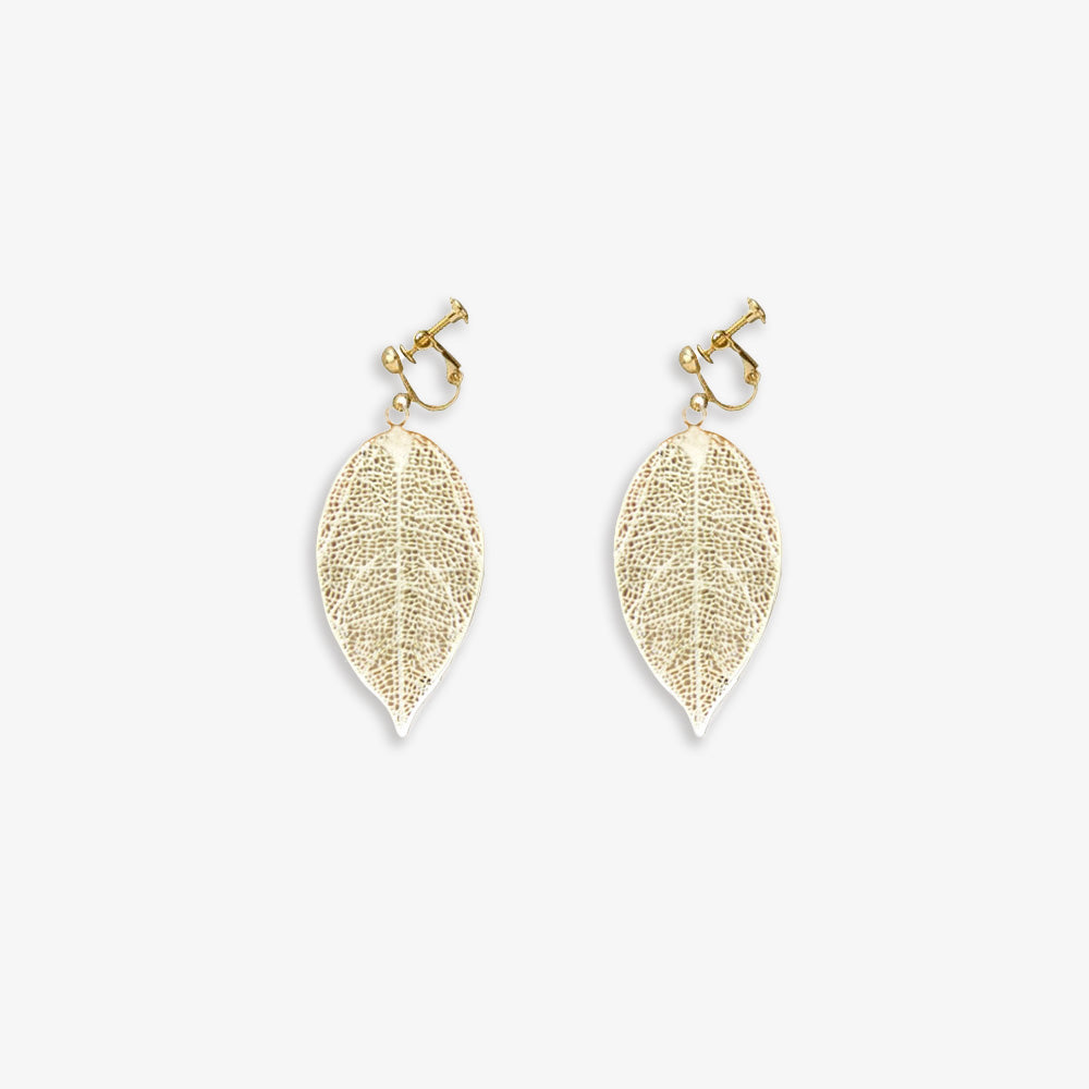 Gold-toned leaf dangle clip-on earrings made from copper alloy with intricate vein details. Modern design with screw-back clip-on closure, perfect for adding a touch of nature-inspired elegance to any outfit.