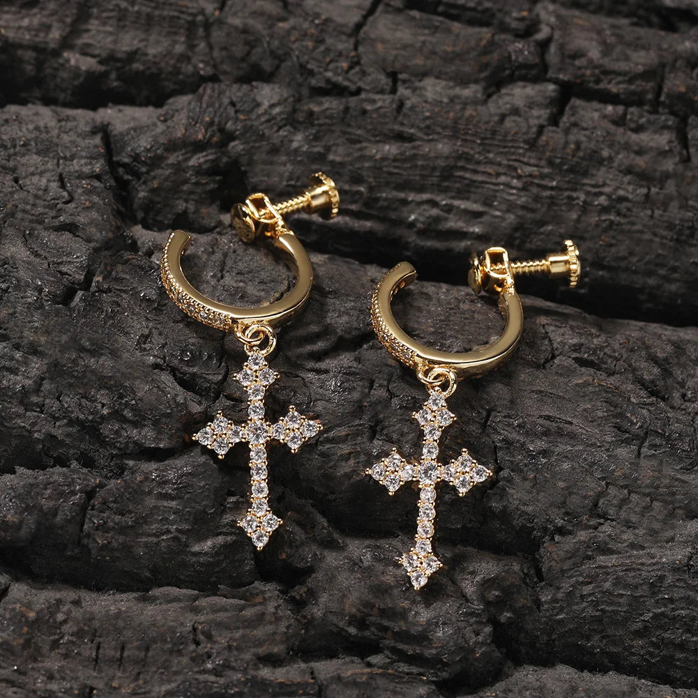 gold cross dangle screw back earrings crafted from copper and adorned with premium zircon stones