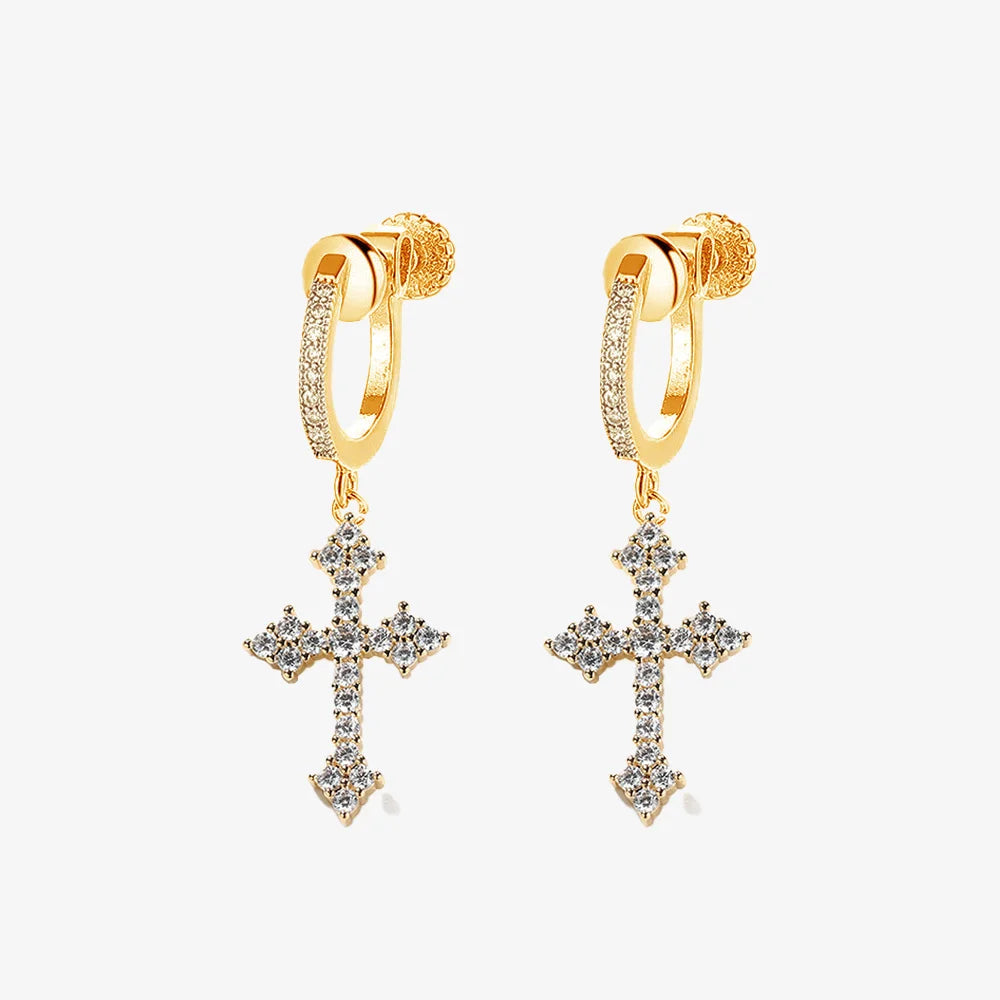 Gold Zircon Cross Dangle Screw Back Clip-On Earrings