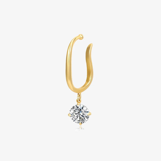 A single gold U-shaped ear cuff with a dangling, round, brilliant-cut crystal charm, shown on a white background.
