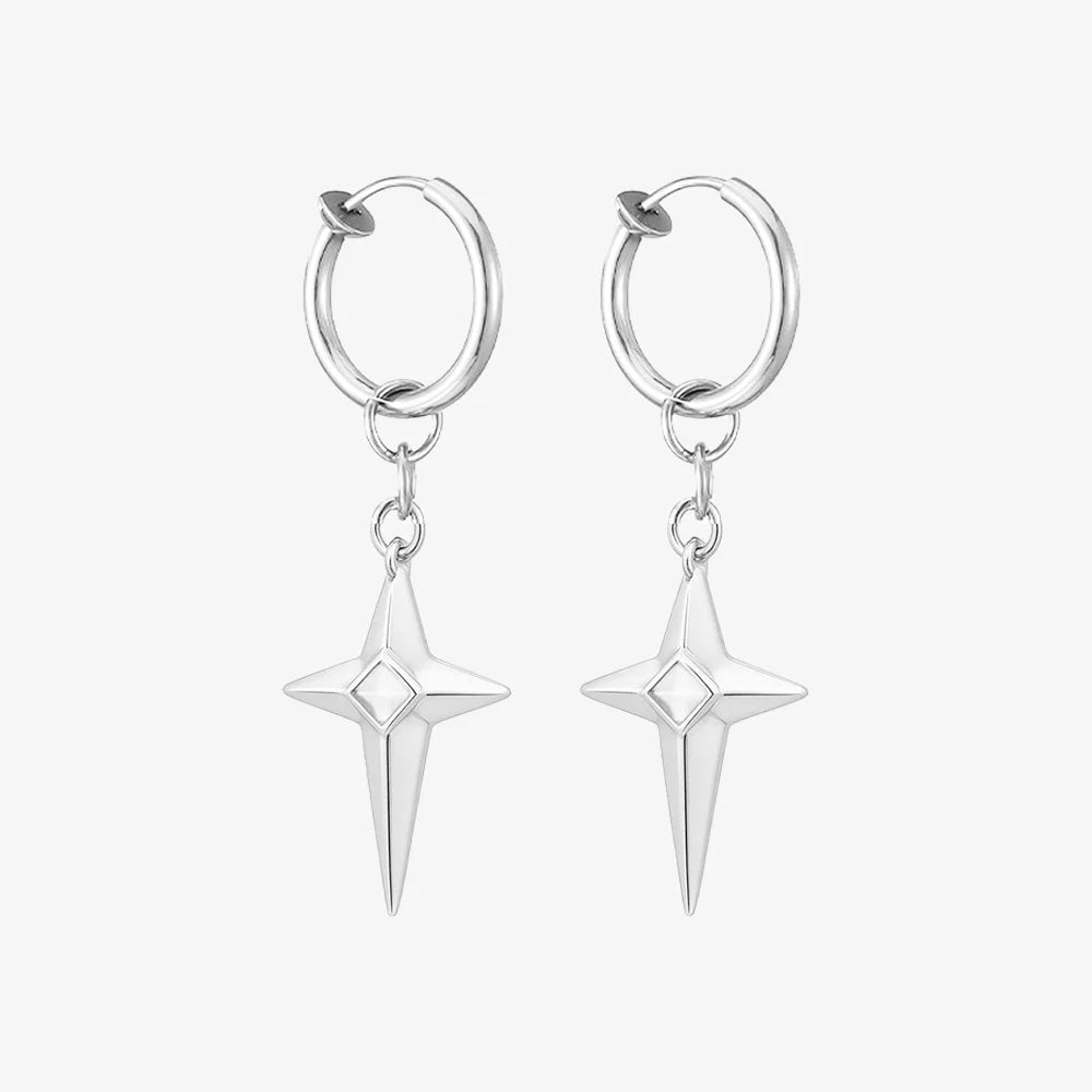 Clean studio product shot of the white gem polaris star clip-on hoop earrings against a plain white background.