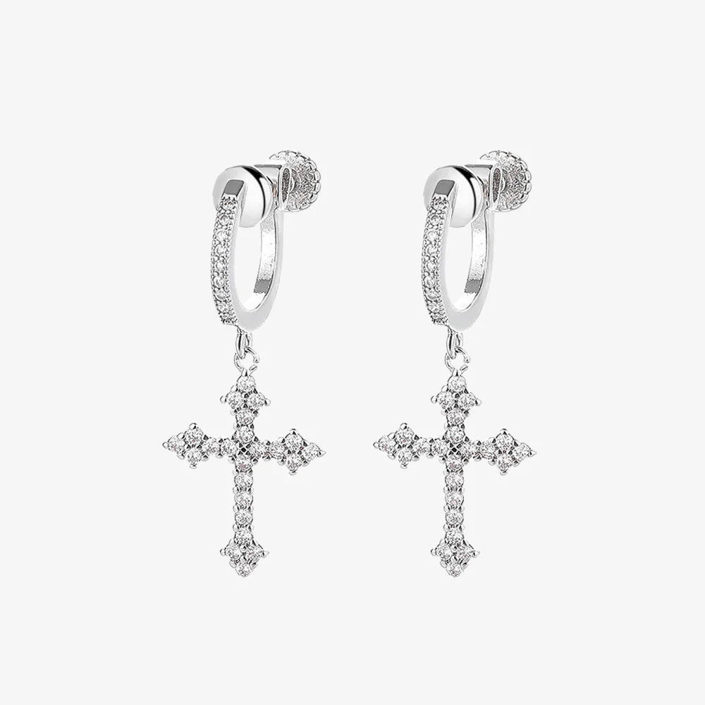 Elegant Zirconia Cross Clip On Earrings for men with Screw Back Closure Type.