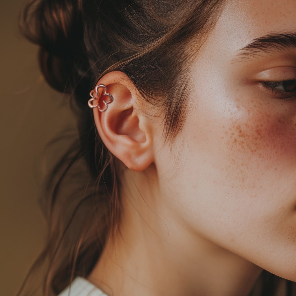 Side profile of a woman wearing a rose gold Cherry Blossom Floral Helix Ear Cuff, its design inspired by the Sakura flower, accented with a glimmering zircon for a springtime glow. This pair offers a flawless accent to working outfits and everyday fashion.