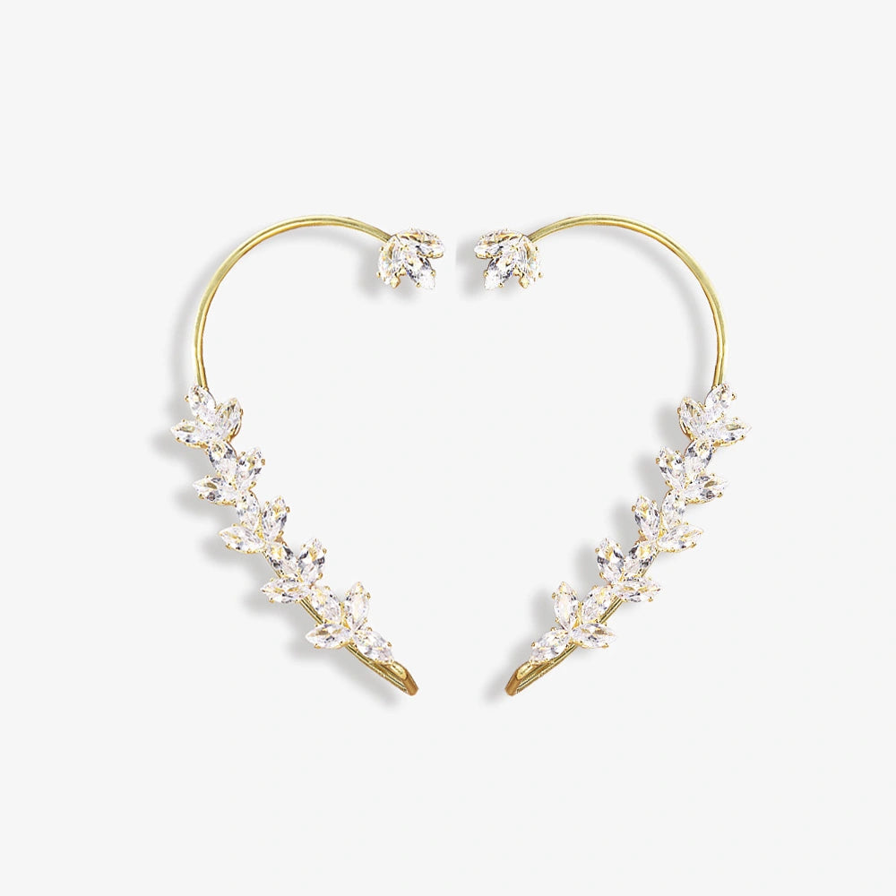 Gold crystal leaf cuff earrings featuring intricate zircon leaves, perfect for adding a touch of timeless elegance to any outfit at special events.