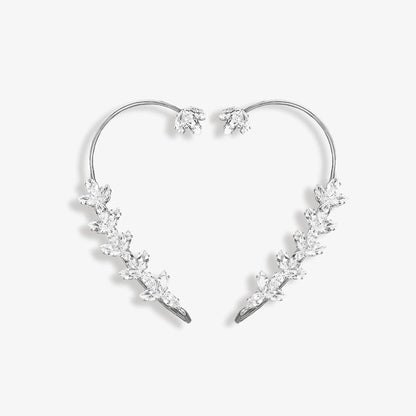 Silver crystal leaf cuff earrings featuring intricate zircon leaves, perfect for adding a touch of timeless elegance to any outfit at special events.