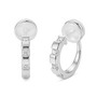 Front view of a pair of 16k white gold plated huggie clip on earrings with sparkling baguette cubic zirconia.