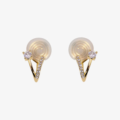 Pair of 18K gold plated sterling silver V-shape clip-on stud earrings with zircon on white background