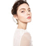 Abalone shell teardrop clip-on earrings side profile view on model wearing white lace top