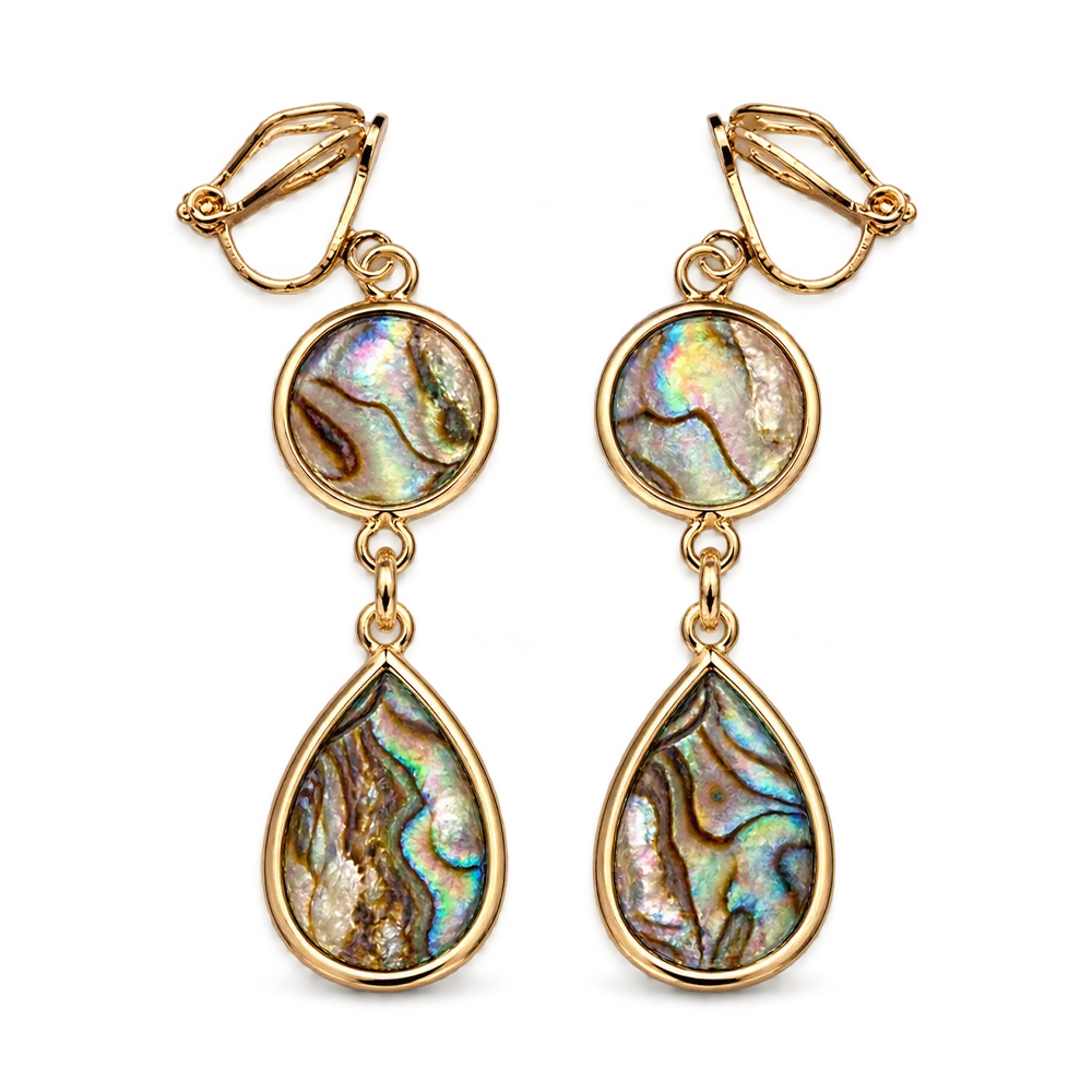 Abalone shell teardrop clip-on earrings in gold with round and teardrop charms on white background