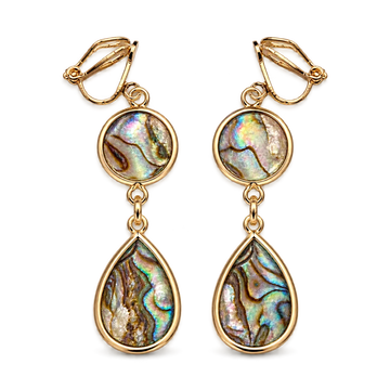 Abalone shell teardrop clip-on earrings in gold with round and teardrop charms on white background