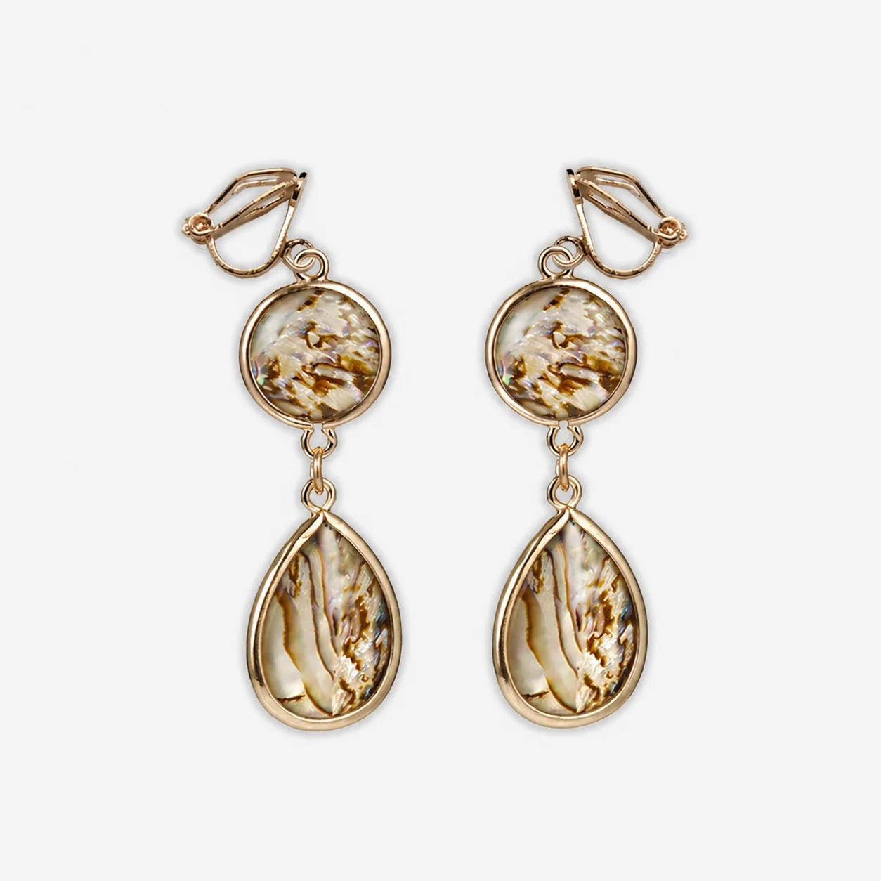 Abalone shell teardrop clip-on earrings in gold with round and teardrop charms on white background