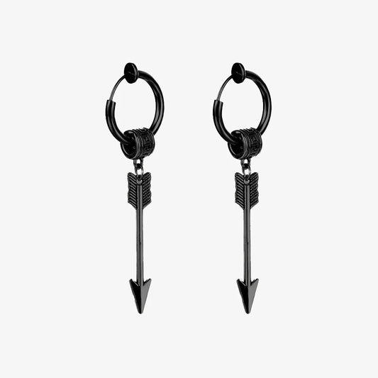 Bold black mens clip on earrings featuring an arrow design and Greek key pattern