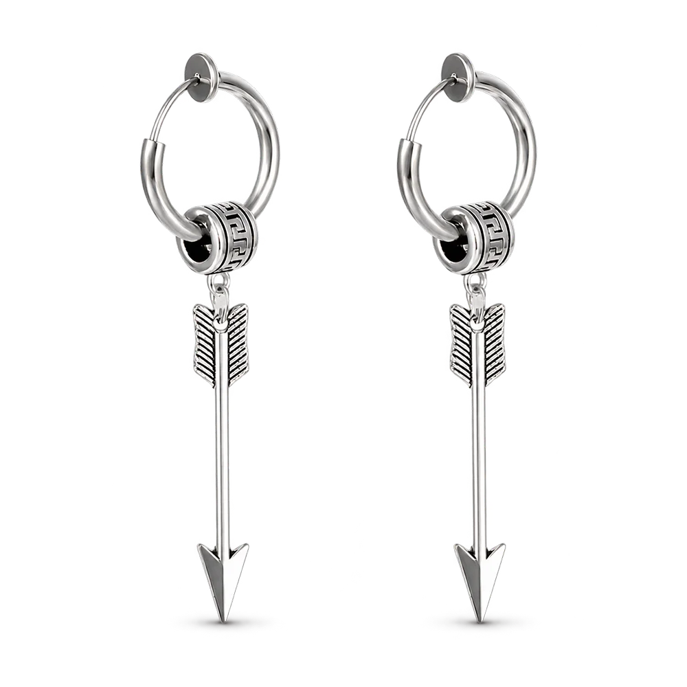 A pair of silver hoop earrings with arrow charms, featuring a textured spacer ring and a polished arrow dangle with feather details, shown on a plain white background.