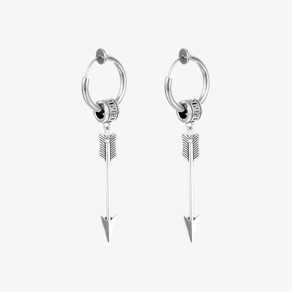 Sleek silver mens clip on earrings with arrow design and Greek key pattern