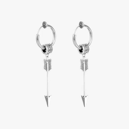 Sleek silver mens clip on earrings with arrow design and Greek key pattern