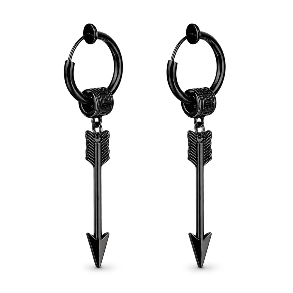 A pair of black hoop earrings with dangling arrow charms, shown against a plain white background.