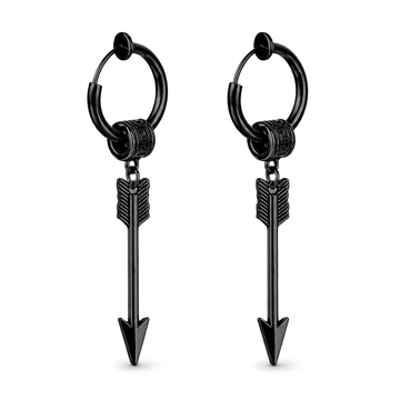 A pair of black hoop earrings with dangling arrow charms, shown against a plain white background.