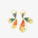 Asymmetric color-brush petal clip-on earrings with gold finish and blue, red, yellow details on white background