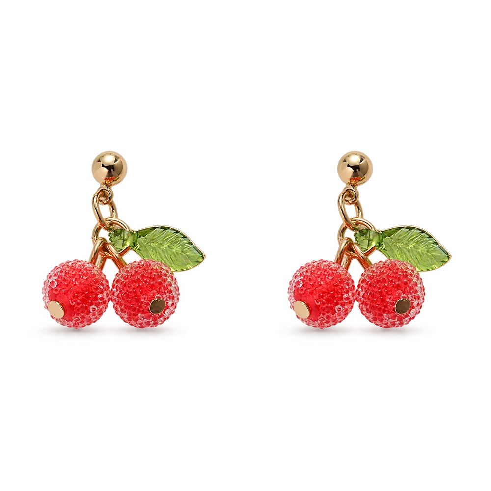 A pair of gold-tone cherry drop earrings with textured red cherry beads, green enamel leaves, shown on a plain white background.