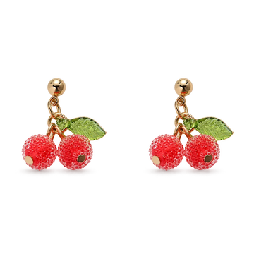 A pair of gold-tone cherry drop earrings with textured red cherry beads, green enamel leaves, shown on a plain white background.
