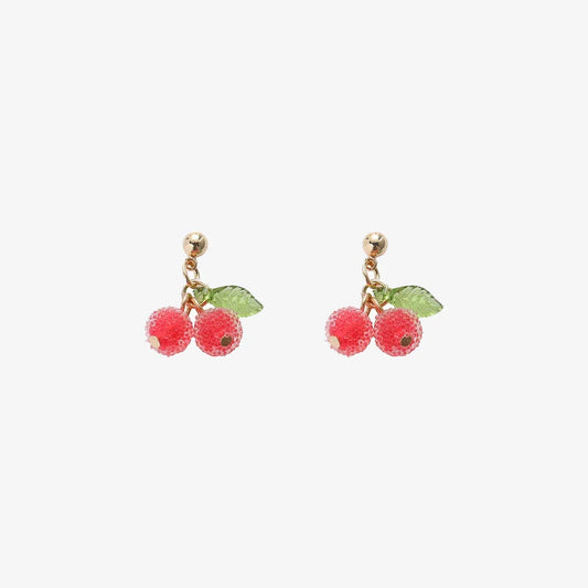 Pair of cherry earrings displayed on a clean, white surface