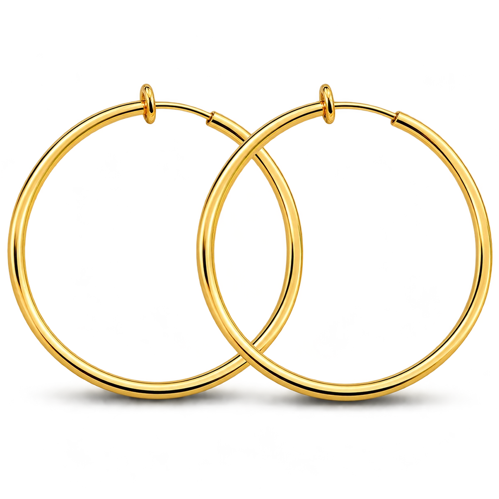 14K yellow gold-plated large hoop clip-on earrings on a white background, front view.