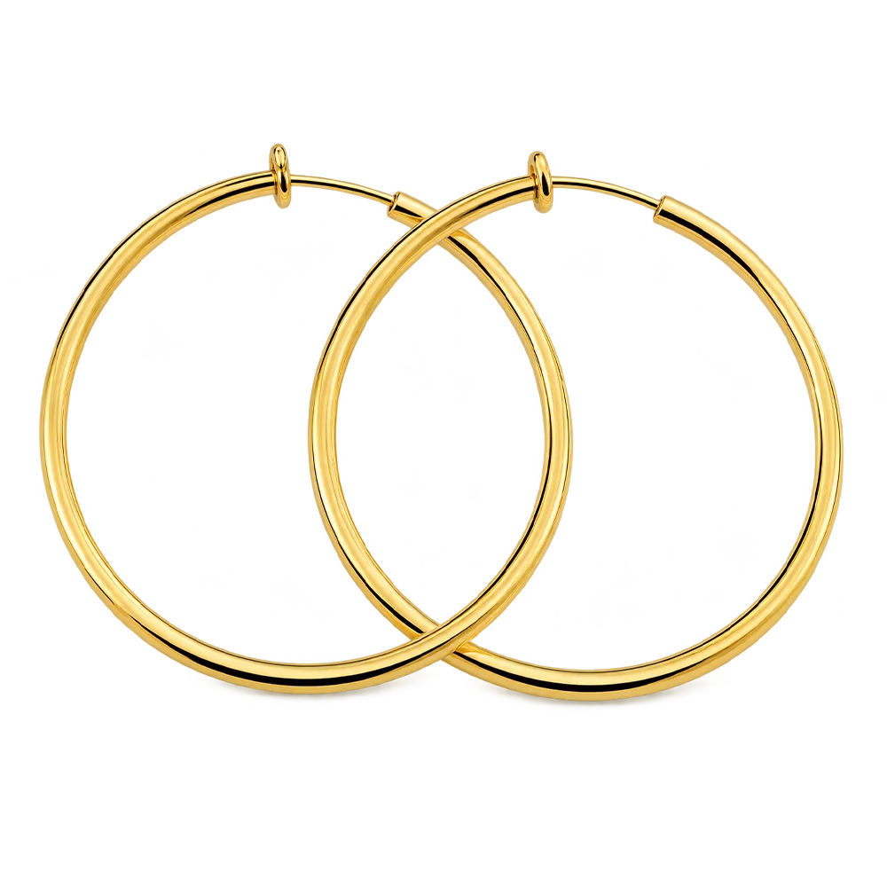 Gold large hoop clip-on earrings front view on white background