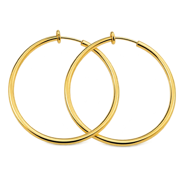 Gold large hoop clip-on earrings front view on white background