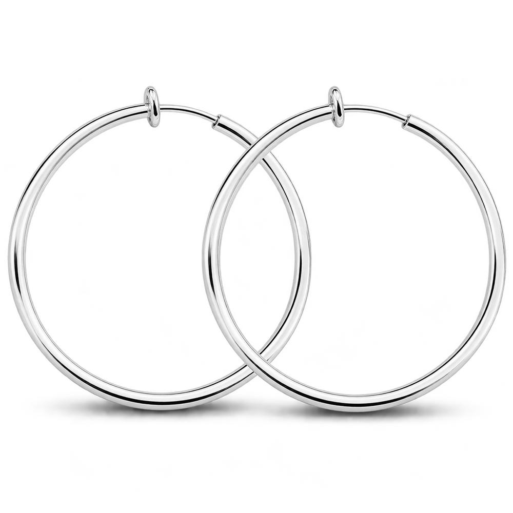 Silver-tone large hoop clip-on earrings front view on a white background.