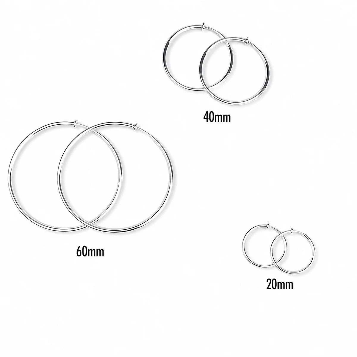 Silver large hoop clip-on earrings in three sizes displayed on white background