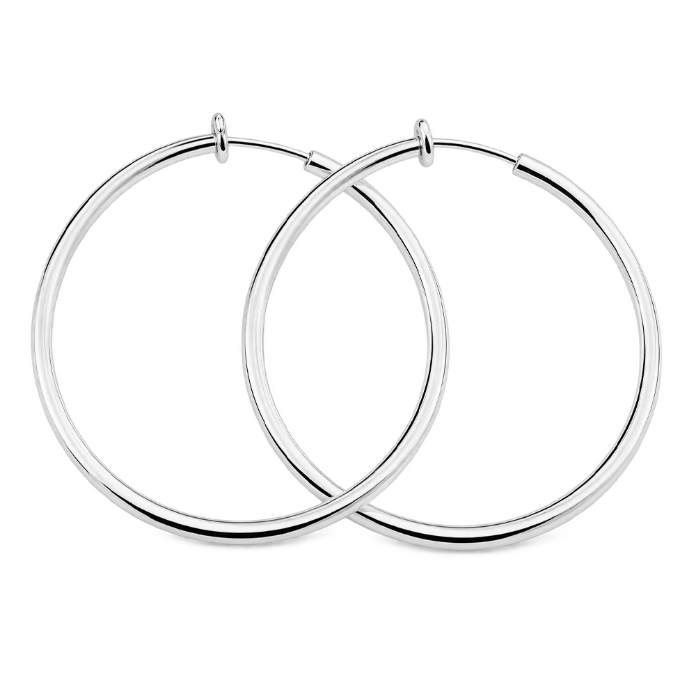 Silver large hoop clip-on earrings front view on white background