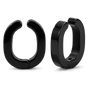 Two black clip on hoop earrings shown on a clean white background, one from the front and one from the side.