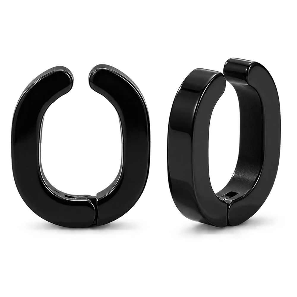 Two black clip on hoop earrings shown on a clean white background, one from the front and one from the side.