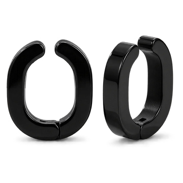 Two black clip on hoop earrings shown on a clean white background, one from the front and one from the side.