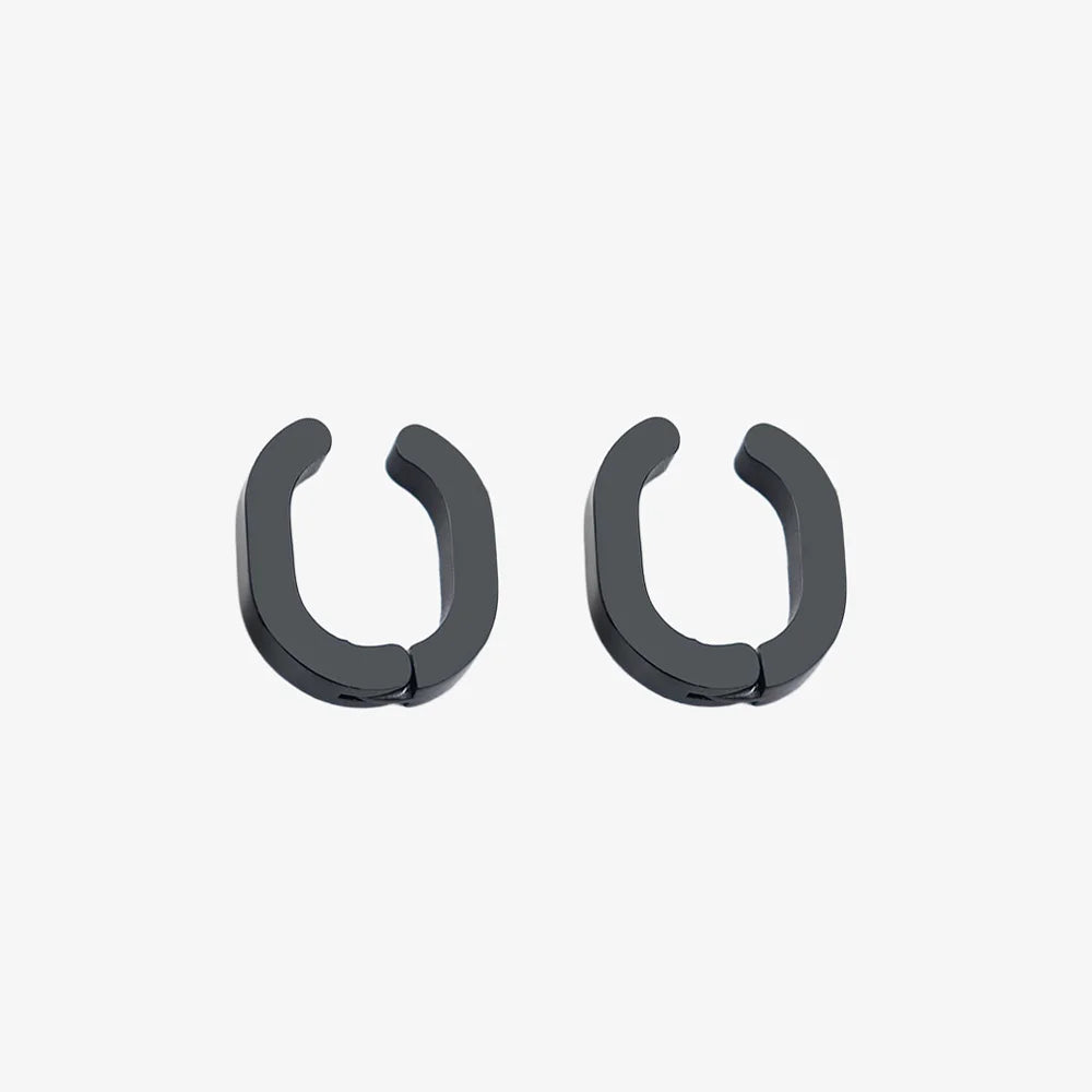 Pair of Black Horseshoe Clip-On Hoop Earrings displayed on a white background.