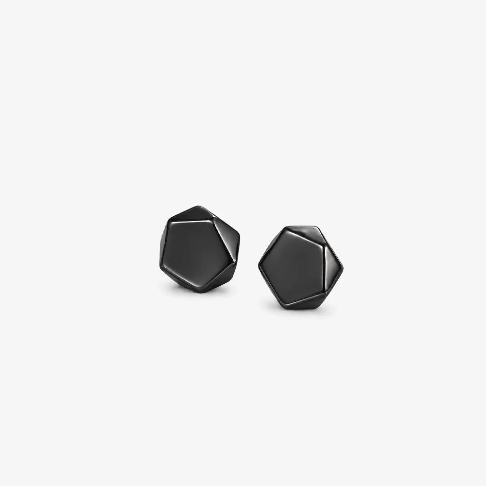 A pair of black geometric-shaped magnetic stainless ear studs for men on a white background