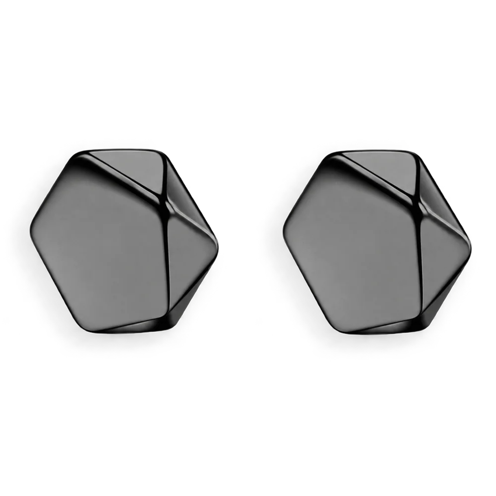 A pair of black hexagonal geometric stud earrings with a glossy, faceted finish, displayed on a clean white background.