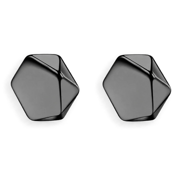 A pair of black hexagonal geometric stud earrings with a glossy, faceted finish, displayed on a clean white background.