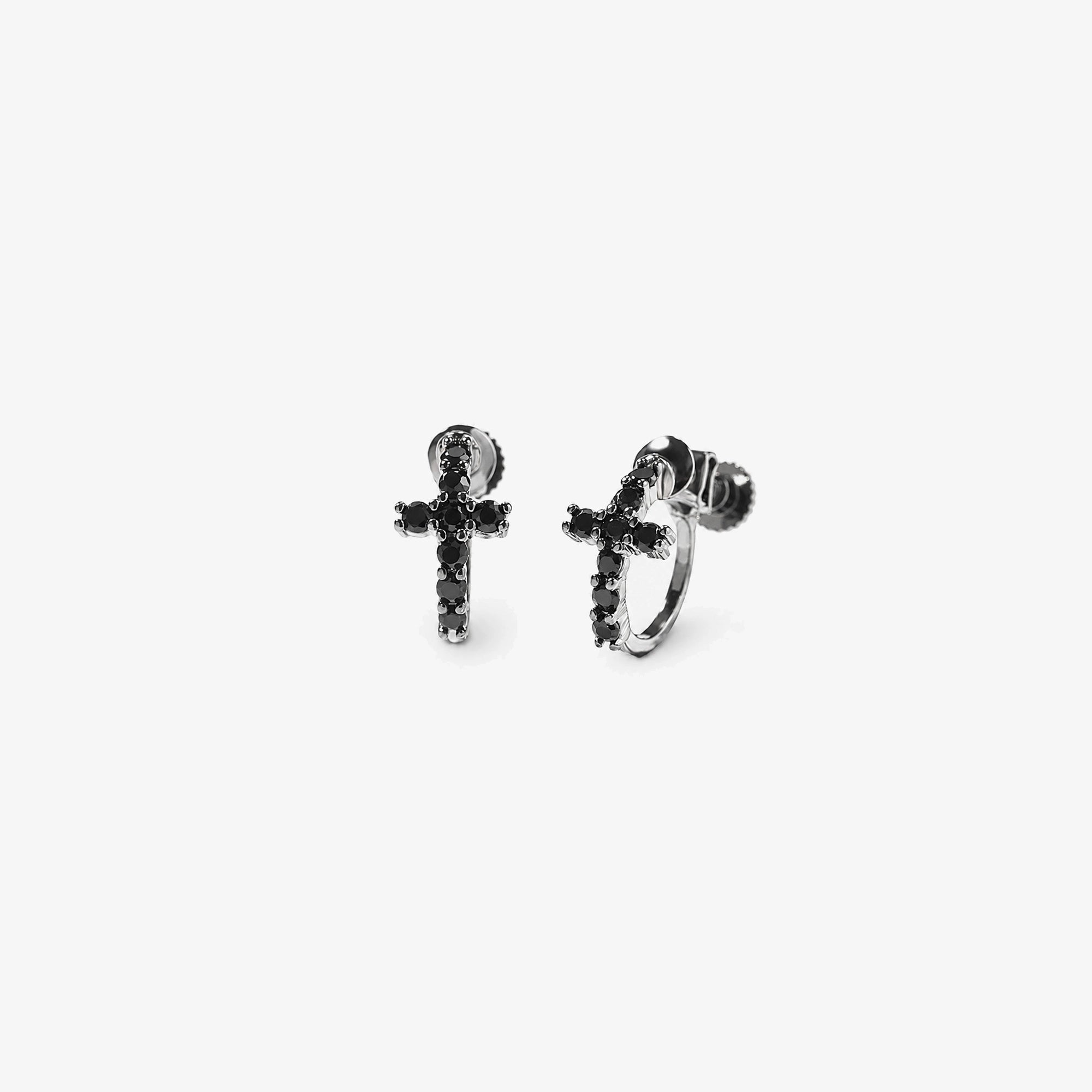 Orecchini a cerchio con croce in zirconia nera a clip