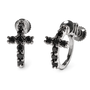 A pair of silver hoop earrings with small cross charms set with black gemstones, shown on a clean white background.