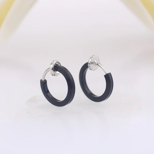 Lightweight and stylish Black Mini Clip-On Hoop Earrings for men, available in 13mm and 15mm diameter options.