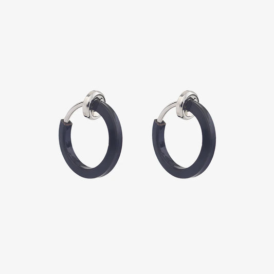 Black Mini Square Tube Clip-On Hoop Earrings with a bold black enamel finish and sliding spring-ring clip design.